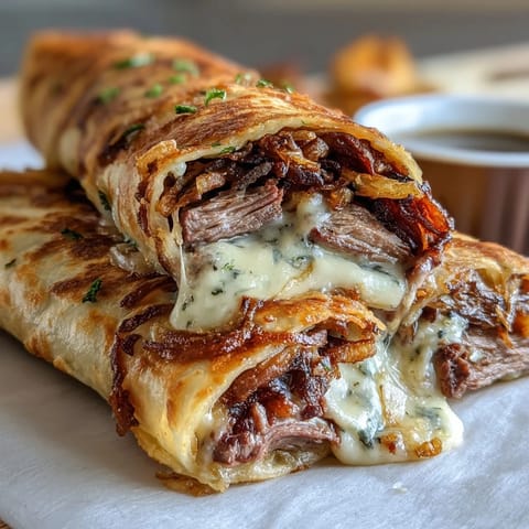Golden-baked French Dip Tortilla Roll Ups with melted provolone and crispy fried onions, served with warm au jus for dipping.