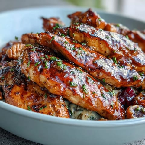Warm Maple Dijon Chicken and sweet potatoes served over nutty rice, garnished with crunchy pecans and tart dried cranberries in a vibrant bowl.  