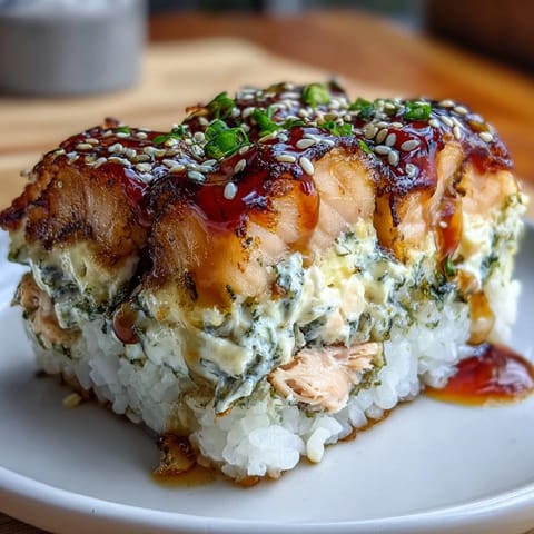 1. Creamy salmon sushi bake casserole with imitation crab and spicy Sriracha mayo, topped with furikake and green onions.  