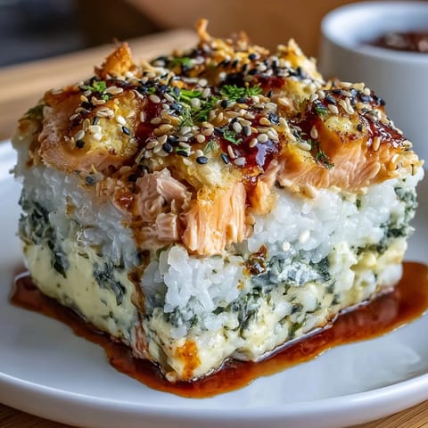 2. Deconstructed sushi roll bake featuring tender salmon, crab filling, and seasoned rice, baked to golden perfection.  