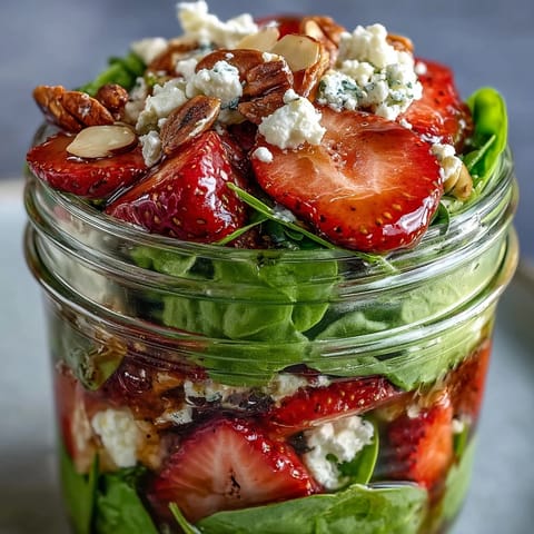 Strawberry and spinach mason jar salad with balsamic vinaigrette, perfect for healthy meal prep with sweet berries and crunchy almonds.