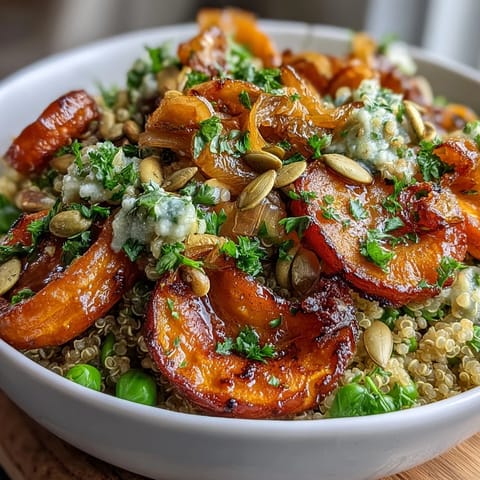 Colorful quinoa bowl featuring caramelized roasted carrots, tender green peas, and optional feta, perfect for a healthy vegetarian meal.  