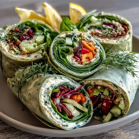 Colorful spring vegetable and hummus wraps with spinach tortillas, filled with fresh carrots, cucumber, and radishes for a healthy vegetarian meal.