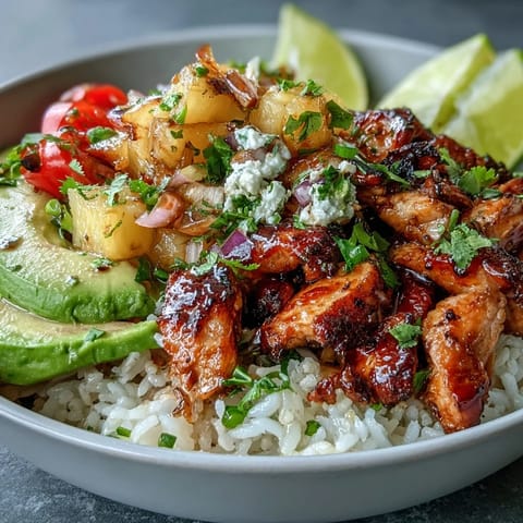 Vibrant chicken pineapple taco bowls with coconut rice, topped with fresh pineapple salsa and avocado slices for a tropical twist.