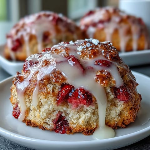 Golden lemon glazed strawberry scones topped with fresh berries, perfect for a cozy breakfast or brunch.