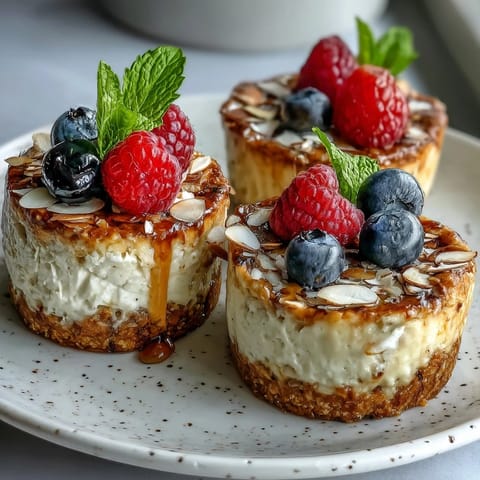 High-protein cottage cheese cheesecake cups topped with fresh berries and a honey drizzle in a muffin tin.