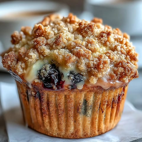 Lemon blueberry sourdough crumb muffins with golden crumb topping and fresh blueberries, perfect for breakfast or brunch.