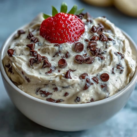 A creamy, protein-packed cottage cheese cookie dough dip served with fresh fruit slices and mini chocolate chips.  