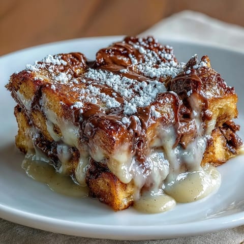 Warm chocolate croissant bread pudding baked to golden perfection, with buttery croissant pieces soaked in rich custard and melted chocolate.