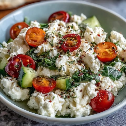 Protein-packed cottage cheese breakfast bowl topped with crisp cucumber, cherry tomatoes, and bell peppers.  