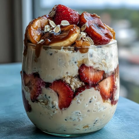 Strawberry banana overnight oats layered with chia seeds, yogurt, and maple syrup for a naturally sweet meal.  