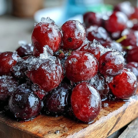 Frozen grape skewers with lime sugar glisten with frosty crystals and vibrant green zest, offering a refreshing, tangy-sweet summer snack.  