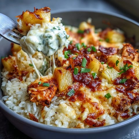 Golden Pineapple Chicken and Rice Casserole with melted cheddar cheese topping and juicy pineapple chunks.