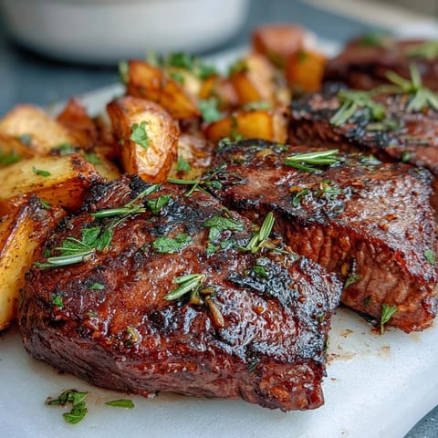 Crispy golden potatoes and juicy steak bites sizzle in rich garlic butter for a savory main dish.