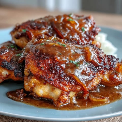 Soul Food Smothered Chicken with Onion Gravy: golden fried chicken pieces simmered in a savory, caramelized onion gravy.