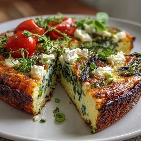 Vibrant Spring Veggie Frittata packed with fresh asparagus, cherry tomatoes, and zucchini, topped with herbs and feta.