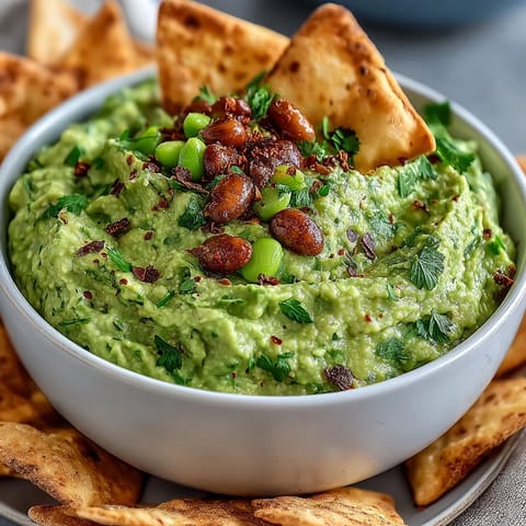 Fresh edamame guacamole with ripe avocado and zesty lime, paired with warm pita chips for dipping.  