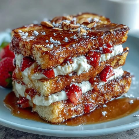 Strawberry French toast bake with fresh berries and golden brioche, topped with almonds and sugar.