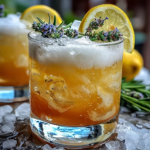Elegant lavender lemonade spritz garnished with fresh lavender sprigs and served over ice for a refreshing floral cocktail.