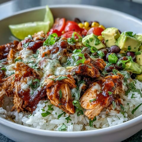 Colorful salsa chicken bowls with shredded chicken in spicy salsa, served over rice with black beans, corn, and fresh avocado.