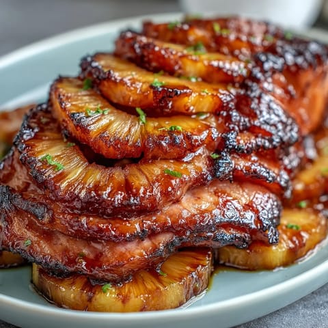 Golden honey glazed ham studded with pineapple rings and cherries, perfect for festive Easter gatherings.
