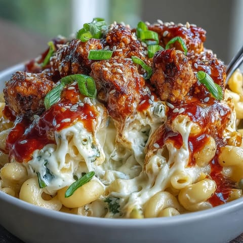 Creamy cheddar macaroni and cheese topped with Korean-style turkey crumbles and fresh scallions for a fusion dinner.