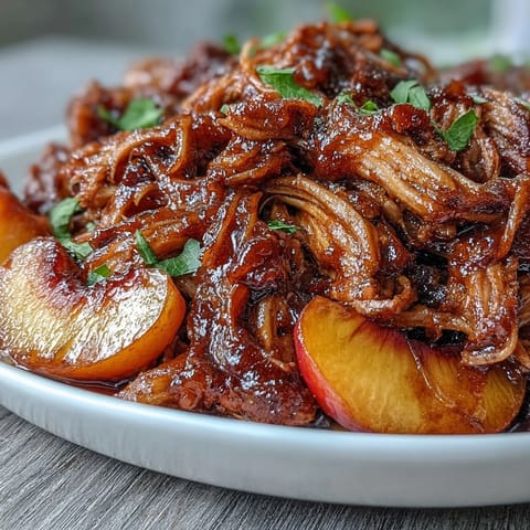 Juicy pulled pork in crockpot with honey peach BBQ sauce and fresh peach slices.