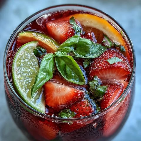 A vibrant pitcher of strawberry basil sangria mocktail, filled with juicy red strawberries and fragrant green basil leaves.