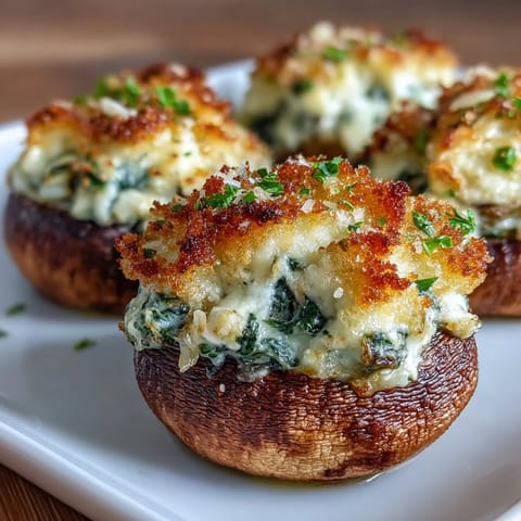 Golden baked mushrooms stuffed with creamy spinach ricotta filling, topped with Parmesan and breadcrumbs for a savory appetizer.