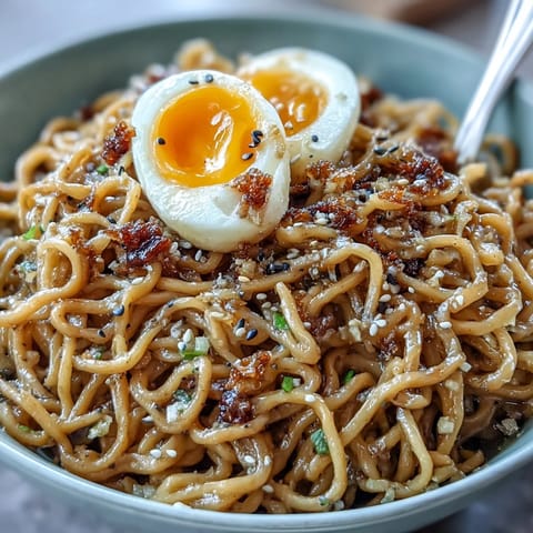 A steaming bowl of viral garlic butter ramen topped with soft-boiled egg, green onions, and sesame seeds, showcasing glossy noodles in a rich, savory sauce.
