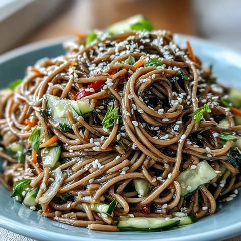Refreshing cold soba noodle salad with crisp, colorful vegetables.