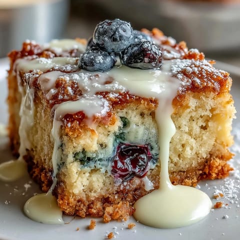 Chewy white chocolate lemon blueberry blondies, studded with fruit, ready to slice.