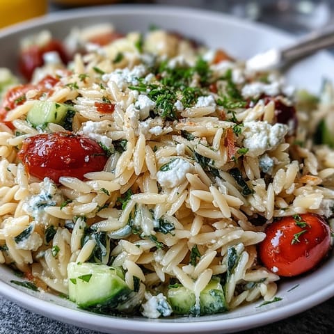 Vibrant Orzo Salad with Cucumber, Feta, and bright lemon dressing photo.