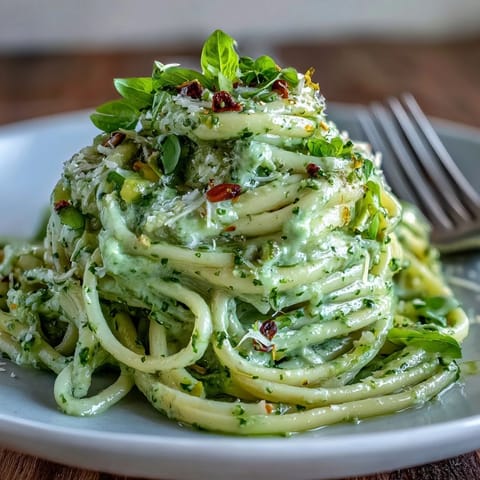 Vibrant creamy avocado pesto pasta, no cook sauce coating fresh al dente spaghetti.