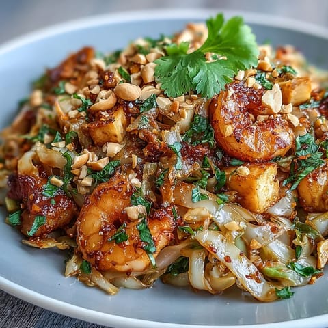 Vibrant Cabbage Pad Thai stir-fry with scrambled eggs, chicken, and a savory-sweet sauce, garnished with cilantro and peanuts.  