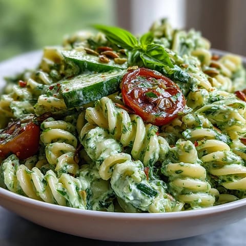 Green Goddess Pasta Salad with creamy avocado-basil dressing, colorful vegetables, and fresh herbs in a vibrant bowl.
