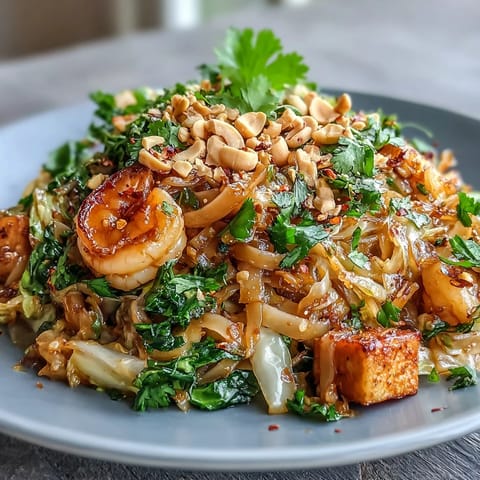 Cabbage Pad Thai with shredded cabbage, carrots, and bell pepper, topped with peanuts and lime for a fresh low-carb meal.  