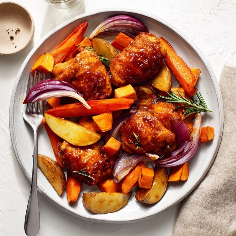 Crisp-skinned Honey-Glazed Chicken with soft, earthy Roasted Root Vegetables, fresh from the oven.