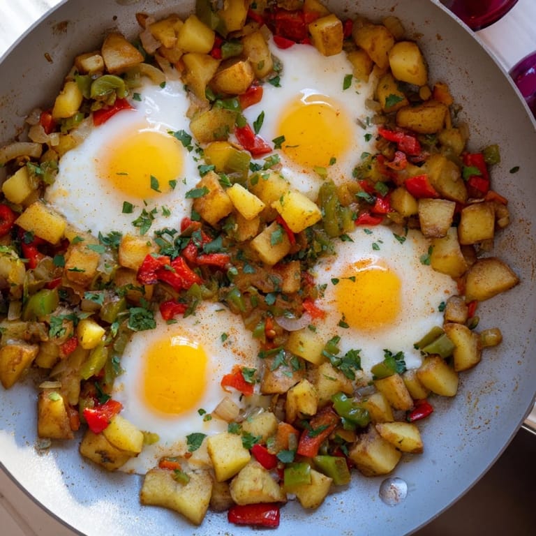 This Simple Skillet Egg and Potato Hash showcases fluffy eggs atop a colorful medley of vegetables.
