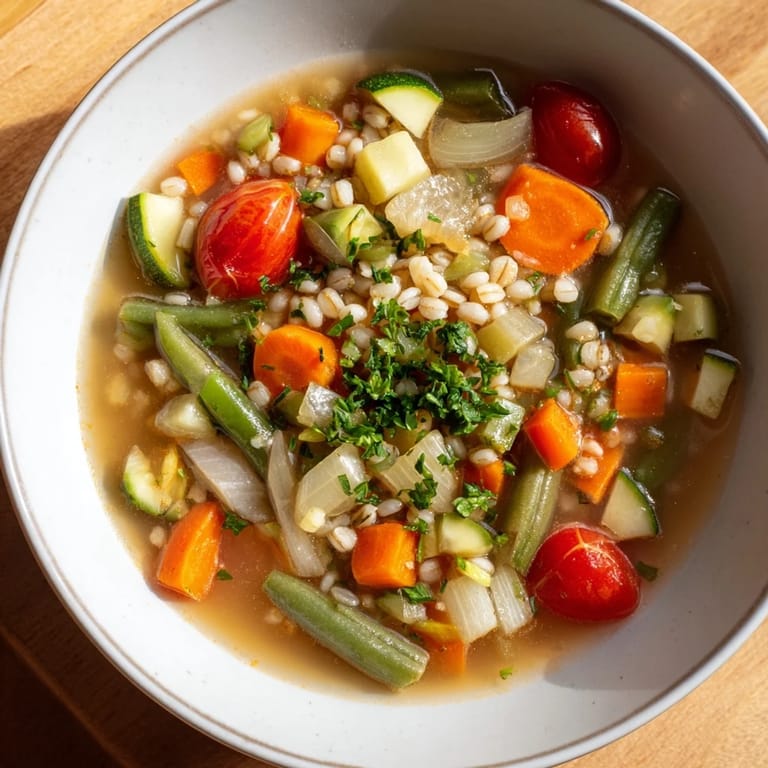 A close-up shot of the Simple Homemade Grain and Vegetable Soup, ready to be enjoyed with crusty bread.
