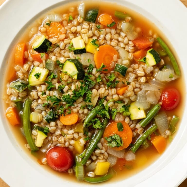 Hearty Simple Homemade Grain and Vegetable Soup, perfect for a warming vegetarian lunch on a chilly afternoon.