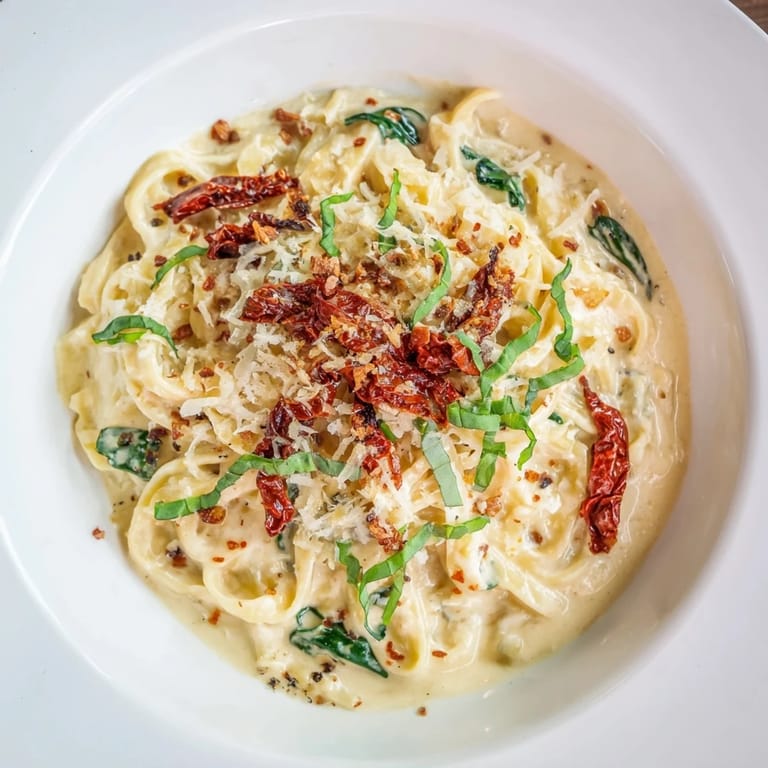 Enjoy this comforting plate of One-Pot Creamy Tuscan Garlic Herb Pasta with vibrant sun-dried tomatoes and spinach.