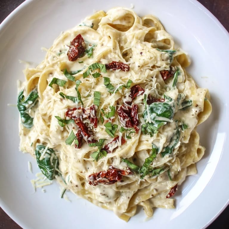 This inviting image shows a dish of One-Pot Creamy Tuscan Garlic Herb Pasta, ready to serve with Parmesan.