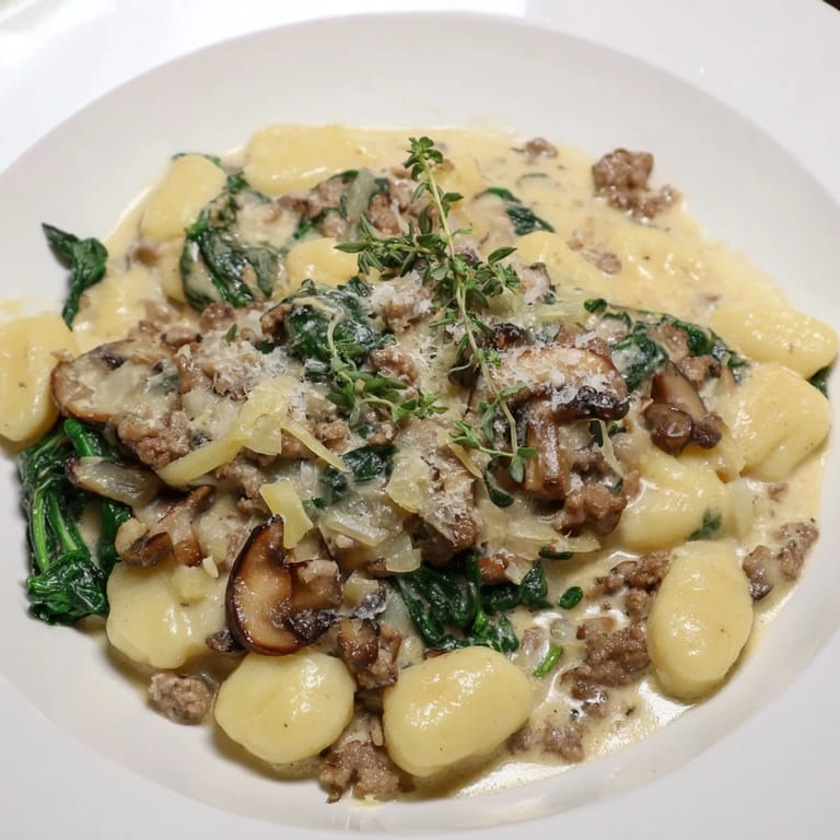 Aromatic, bubbling Woodsy Skillet Sausage and Mushroom Gnocchi, bursting with the flavors of garlic and thyme.