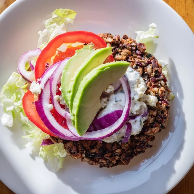 Close-up of a juicy zesty black bean burger, showing the vibrant toppings of avocado and tomato.
