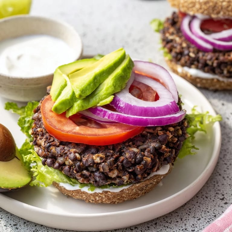Crispy, golden-brown zesty black bean burgers on buns, overflowing with fresh avocado slices.
