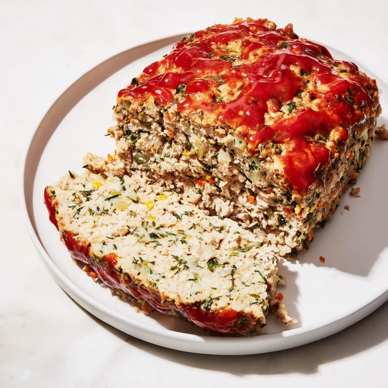 Imagine a hearty slice of everyday Herb-Sprigged Turkey Meatloaf, served warm with mashed potatoes and green beans.