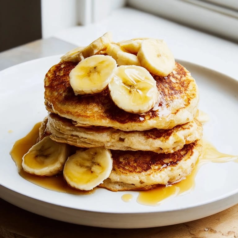 Fluffy Weekend Golden-Brunch Banana Pancakes with sliced bananas and pecans, ready for a delicious breakfast.