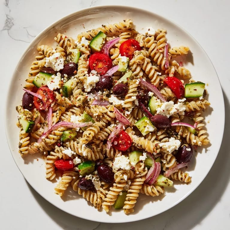 This Mediterranean Olive Oil and Feta Pasta Salad is bursting with fresh vegetables, tangy feta, and olives in a light dressing.