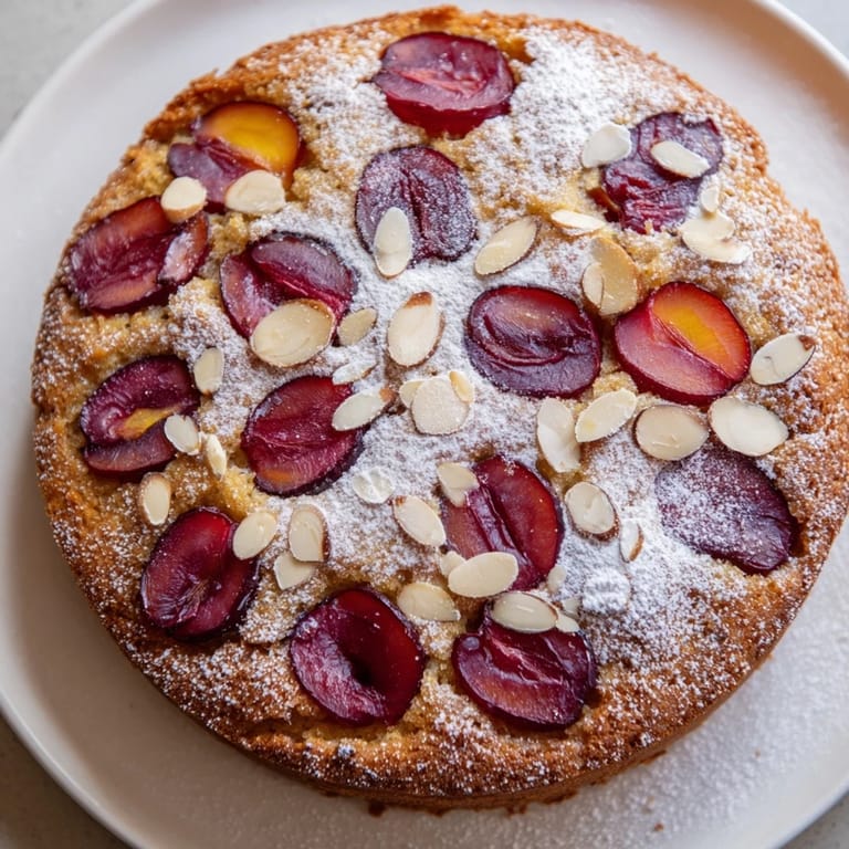 Fragrant Soft Sweet Plum-Infused Almond Cake, with a tender crumb and a dusting of powdered sugar.